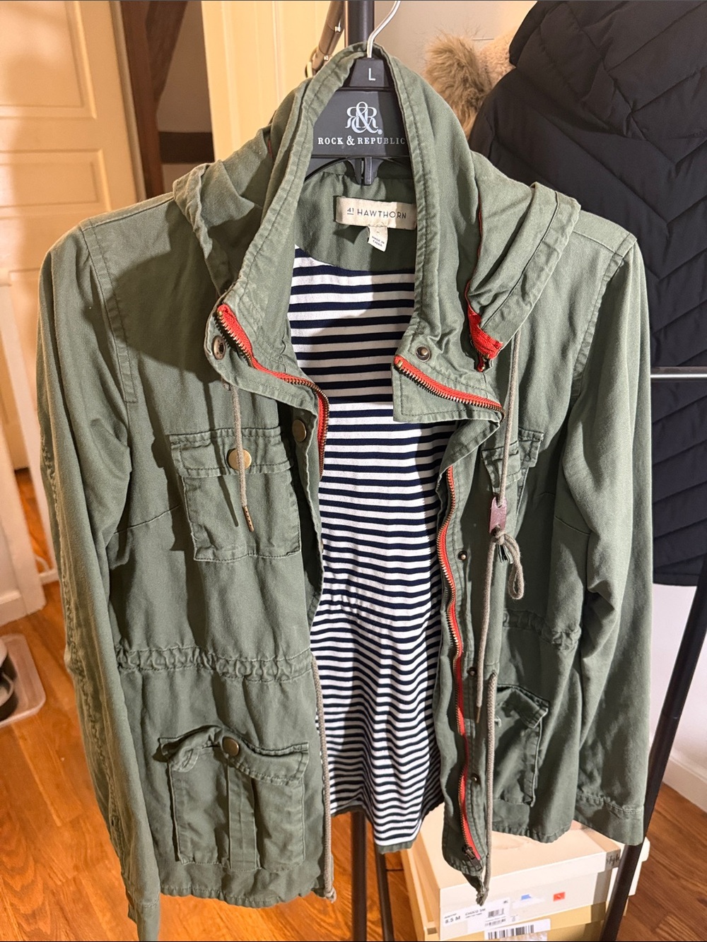 Olive Utility Anorak Jacket with orange  Trim